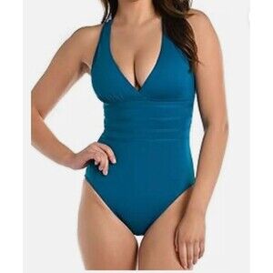 La Blanca Swimsuit 12 Teal Island Goddess Multi-Strap Cross Back One Piece NEW